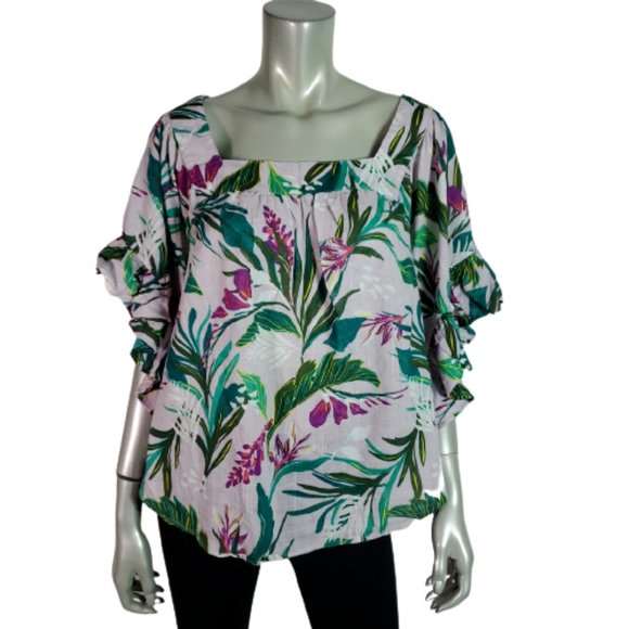 Sky Tops - Terra & Sky Top Plus Sz 1X 16W 18W Flare Sleeve Square Neck Floral Cotton Green